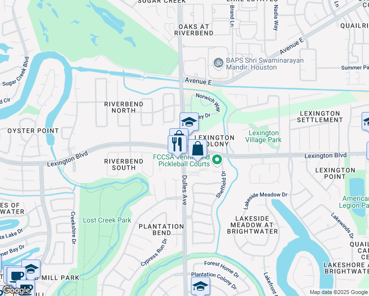 map of restaurants, bars, coffee shops, grocery stores, and more near Lexington Blvd & Dulles Ave in Sugar Land