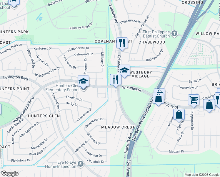 map of restaurants, bars, coffee shops, grocery stores, and more near 1910 Herringbone Drive in Missouri City
