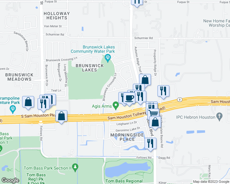 map of restaurants, bars, coffee shops, grocery stores, and more near 3742 Forney Ridge Lane in Houston
