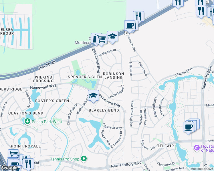 map of restaurants, bars, coffee shops, grocery stores, and more near 6402 Smoke Tree Lane in Sugar Land