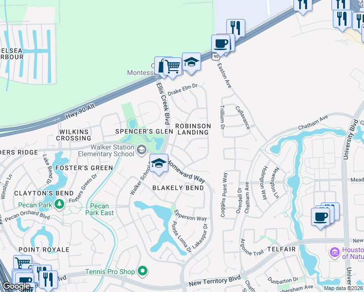 map of restaurants, bars, coffee shops, grocery stores, and more near 6311 Laurel Bush Lane in Sugar Land