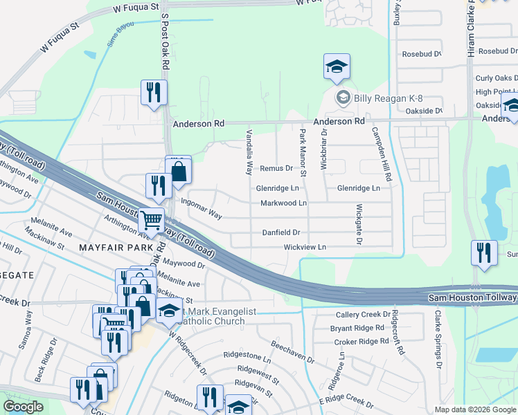 map of restaurants, bars, coffee shops, grocery stores, and more near 5152 Ingomar Way in Houston