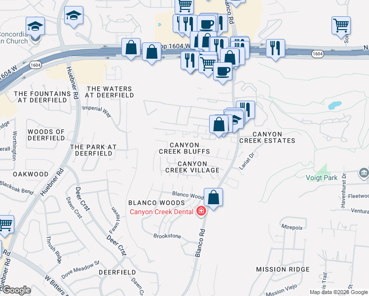 map of restaurants, bars, coffee shops, grocery stores, and more near 17403 Oak Canyon in San Antonio