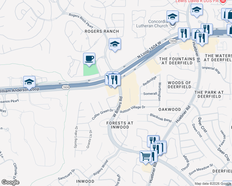 map of restaurants, bars, coffee shops, grocery stores, and more near 2602 North Loop 1604 West in San Antonio