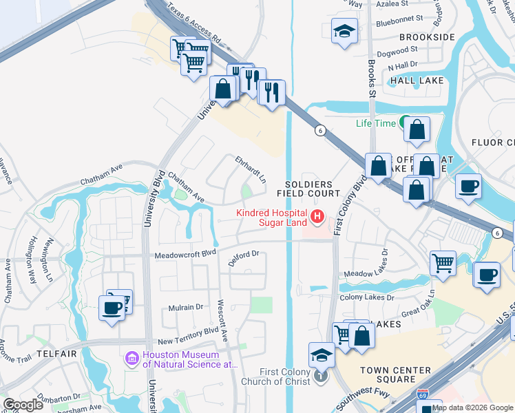 map of restaurants, bars, coffee shops, grocery stores, and more near 703 Leamington Street in Sugar Land
