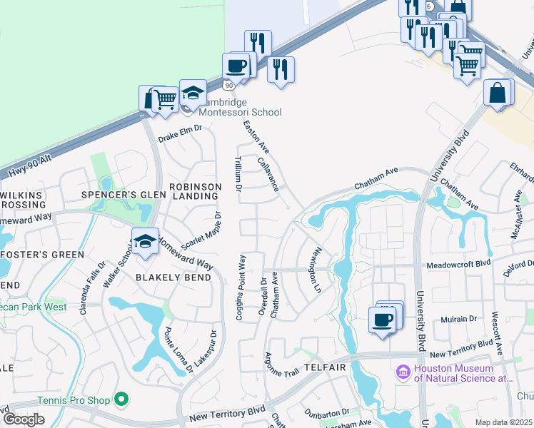 map of restaurants, bars, coffee shops, grocery stores, and more near 6834 Fitzgerald Court in Sugar Land