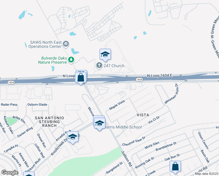 map of restaurants, bars, coffee shops, grocery stores, and more near 5230 North Loop 1604 East in San Antonio