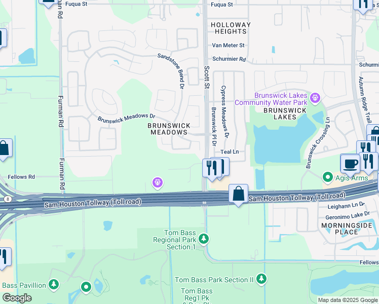 map of restaurants, bars, coffee shops, grocery stores, and more near 3318 Orchid Trace Lane in Houston