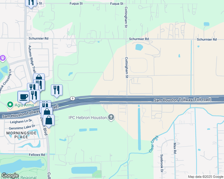 map of restaurants, bars, coffee shops, grocery stores, and more near 4649 South Sam Houston Parkway East in Houston