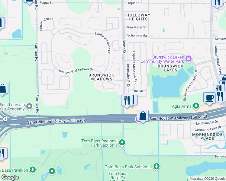 map of restaurants, bars, coffee shops, grocery stores, and more near 3318 Orchid Trace Lane in Houston
