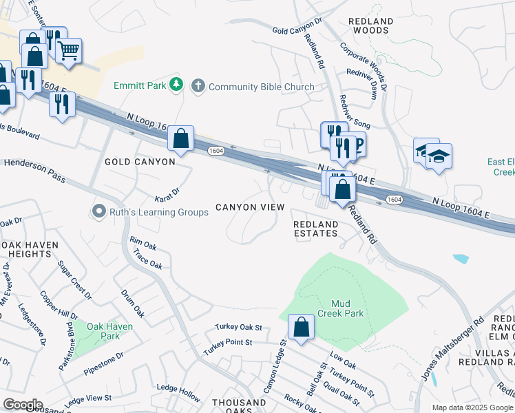 map of restaurants, bars, coffee shops, grocery stores, and more near 17431 Emerald Canyon Drive in San Antonio