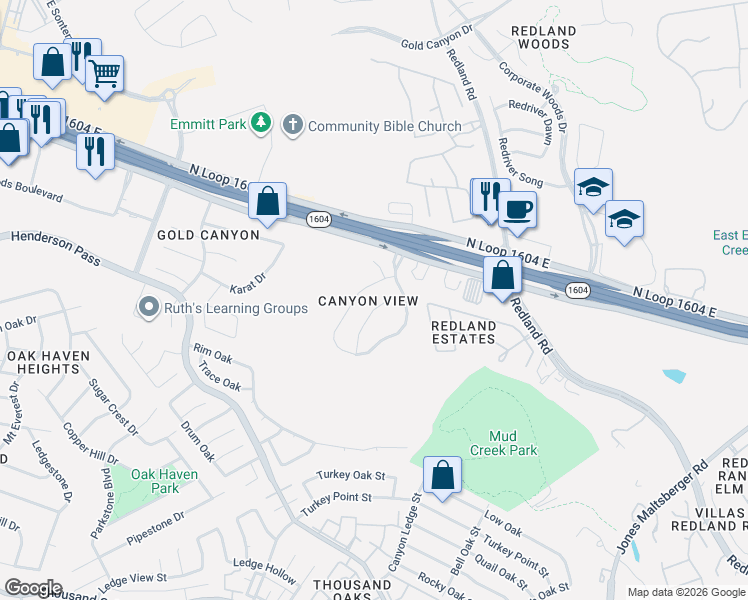 map of restaurants, bars, coffee shops, grocery stores, and more near 17431 Emerald Canyon Drive in San Antonio