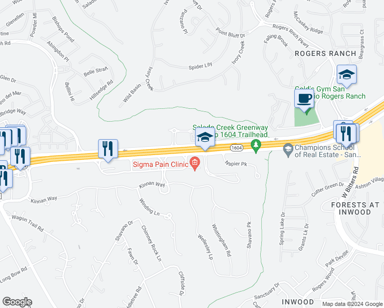 map of restaurants, bars, coffee shops, grocery stores, and more near 3406 North Loop 1604 West Access Road in Shavano Park