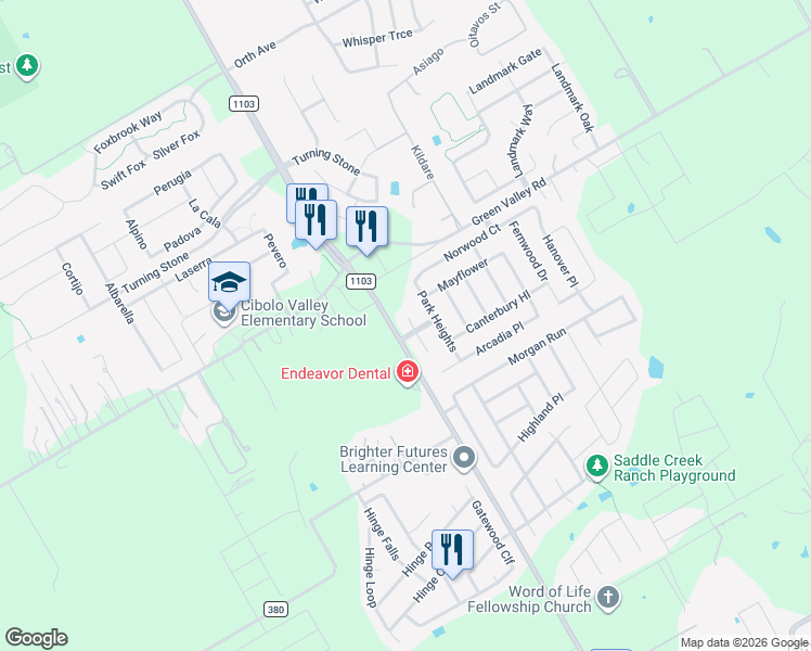 map of restaurants, bars, coffee shops, grocery stores, and more near 121 Sunset Heights in Cibolo