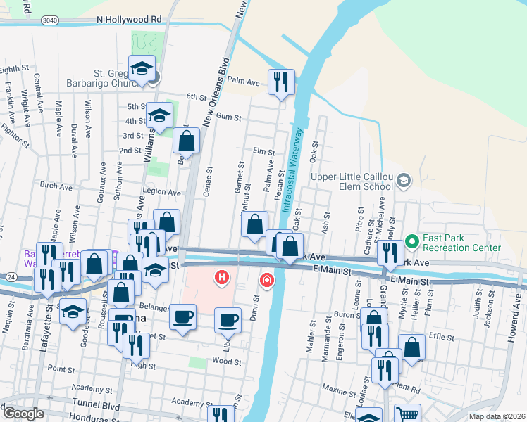 map of restaurants, bars, coffee shops, grocery stores, and more near 198 Palm Ave in Houma