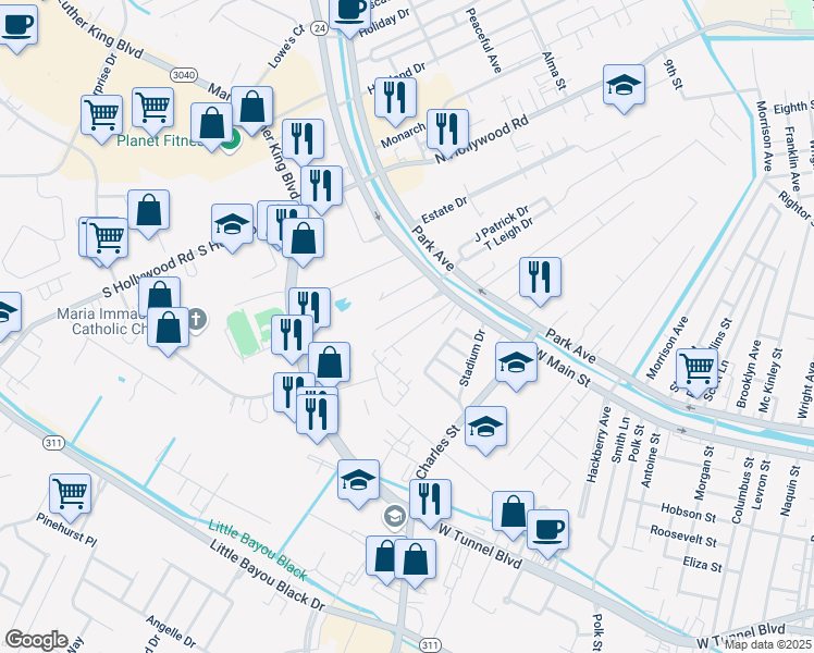 map of restaurants, bars, coffee shops, grocery stores, and more near 172 Jennings Lane in Houma