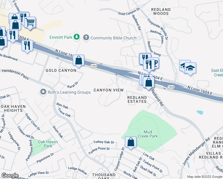 map of restaurants, bars, coffee shops, grocery stores, and more near 17431 Emerald Canyon Drive in San Antonio