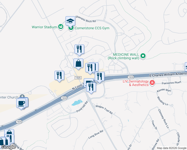 map of restaurants, bars, coffee shops, grocery stores, and more near 4051 North Loop 1604 West in San Antonio