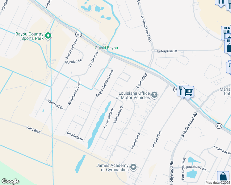 map of restaurants, bars, coffee shops, grocery stores, and more near 116-198 Slate Lane in Houma