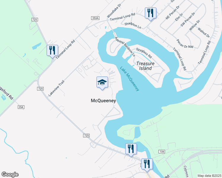 map of restaurants, bars, coffee shops, grocery stores, and more near 962 Lakeview Trail in McQueeney