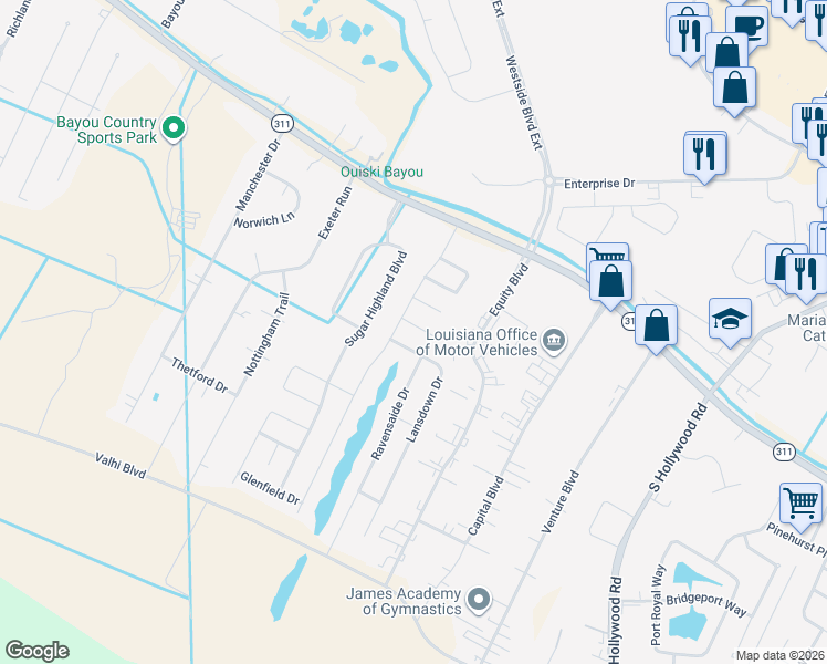 map of restaurants, bars, coffee shops, grocery stores, and more near 116 Slate Lane in Houma