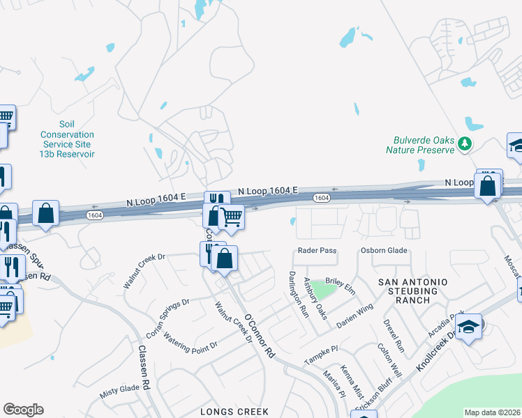 map of restaurants, bars, coffee shops, grocery stores, and more near 4506 North Loop 1604 East in San Antonio