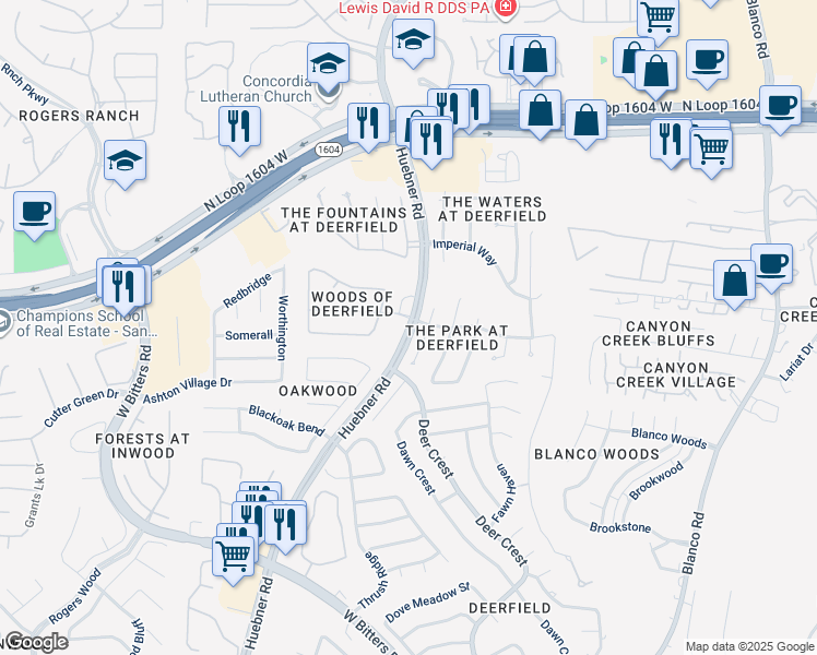 map of restaurants, bars, coffee shops, grocery stores, and more near 16719 Huebner Road in San Antonio