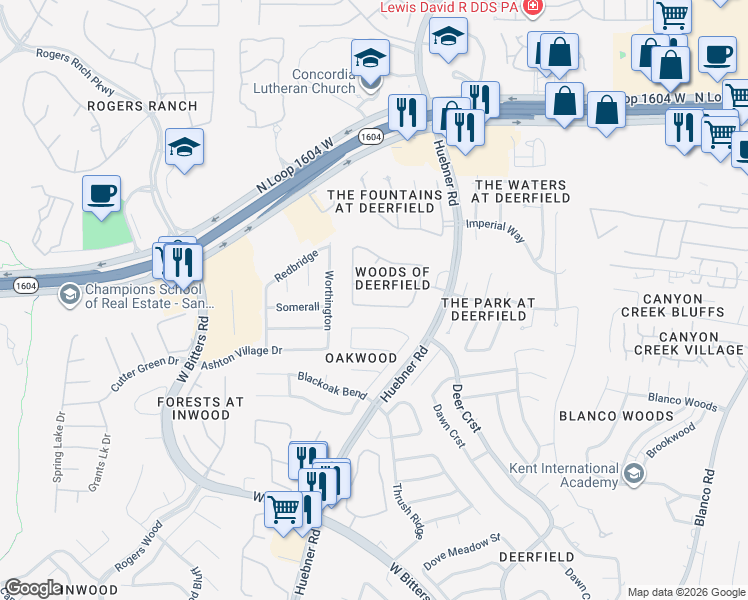 map of restaurants, bars, coffee shops, grocery stores, and more near 2234 Fawnfield Lane in San Antonio