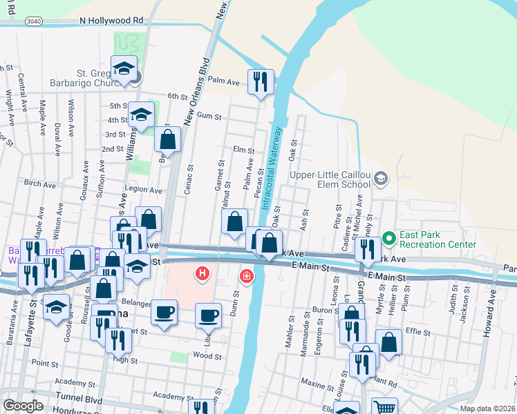 map of restaurants, bars, coffee shops, grocery stores, and more near 100-198 Palm Ave in Houma