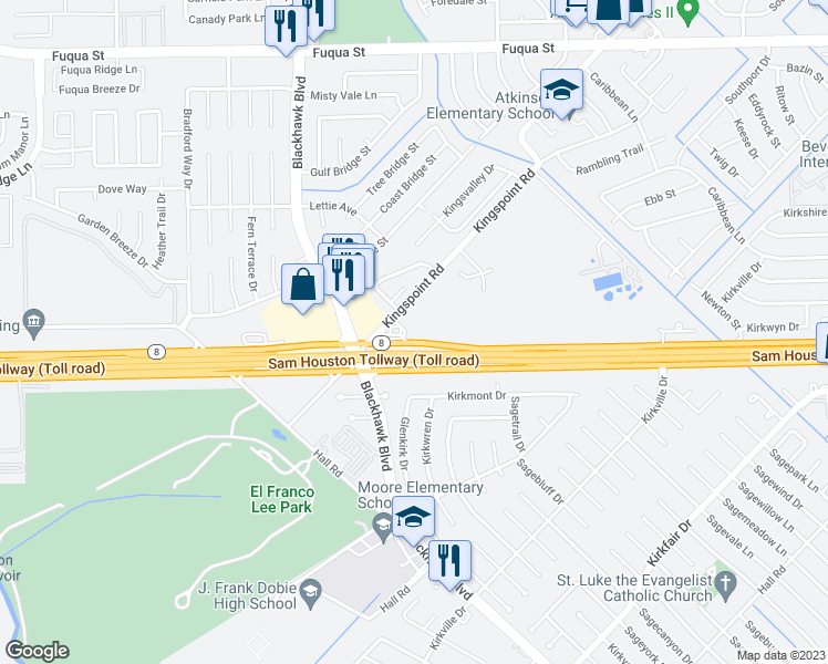map of restaurants, bars, coffee shops, grocery stores, and more near 9002 Kingspoint Road in Houston