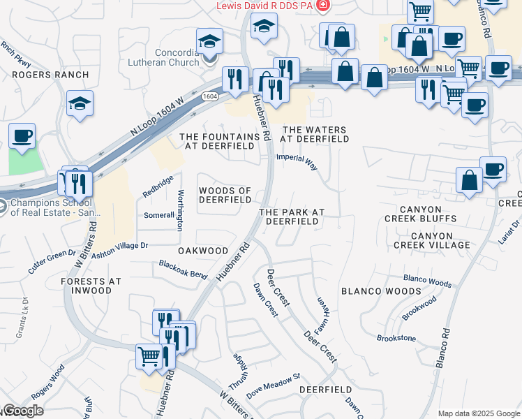 map of restaurants, bars, coffee shops, grocery stores, and more near 16818 Huebner Road in San Antonio