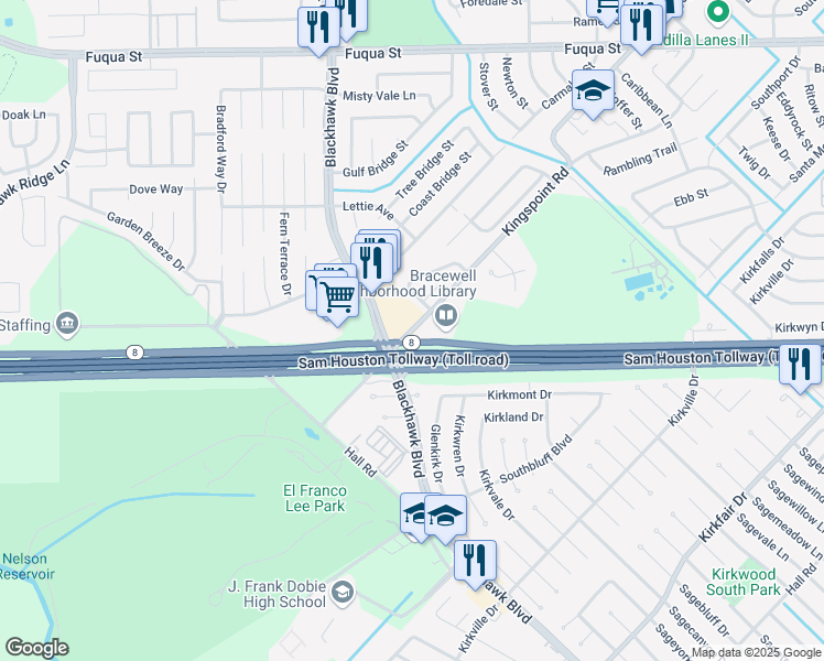 map of restaurants, bars, coffee shops, grocery stores, and more near 9002 Kingspoint Road in Houston