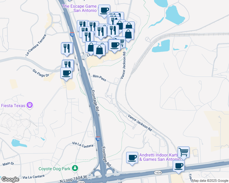 map of restaurants, bars, coffee shops, grocery stores, and more near 16631 Vance Jackson Road in San Antonio