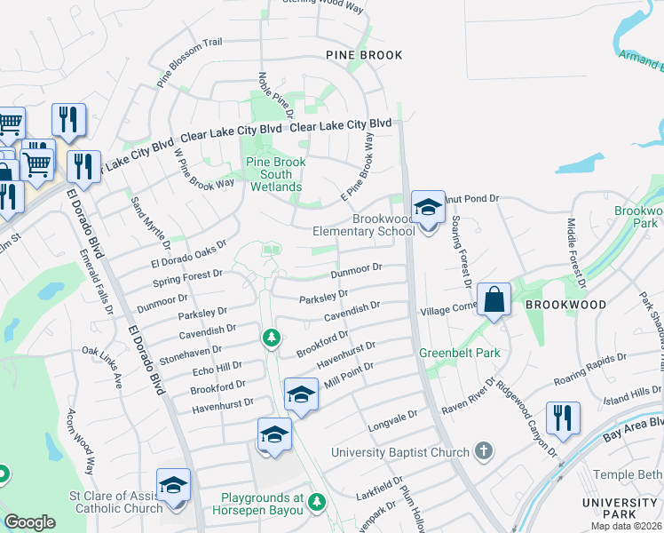 map of restaurants, bars, coffee shops, grocery stores, and more near 16310 Dunmoor Drive in Houston