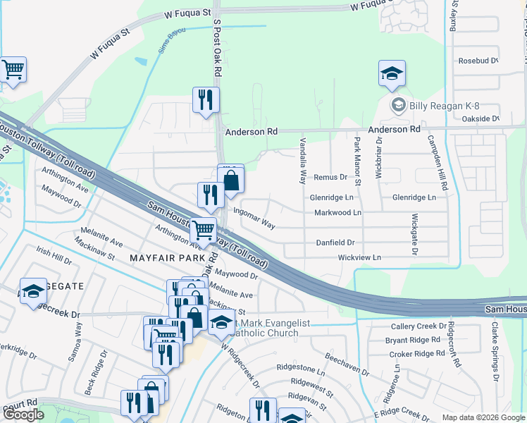 map of restaurants, bars, coffee shops, grocery stores, and more near 5314 Ingomar Way in Houston