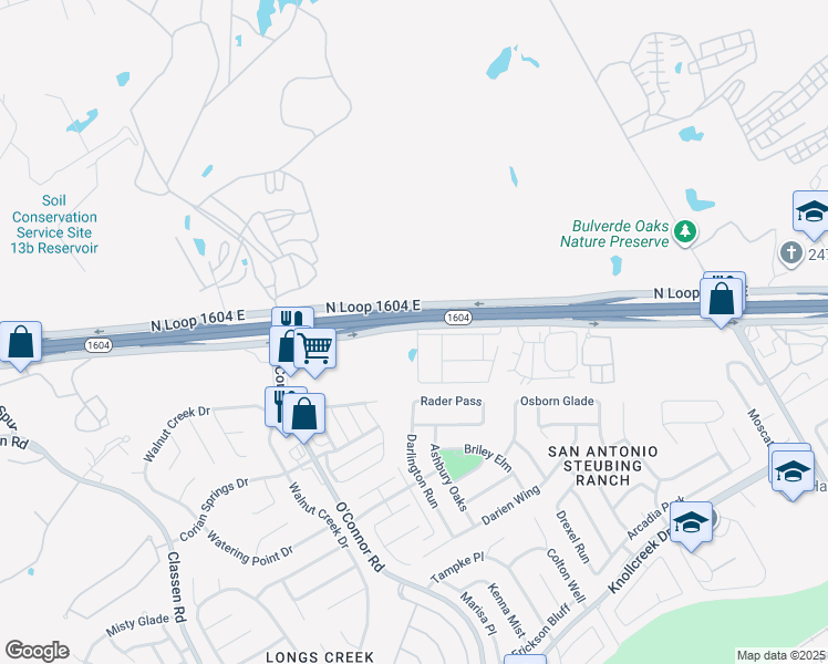 map of restaurants, bars, coffee shops, grocery stores, and more near 4438-4898 North Loop 1604 East in San Antonio