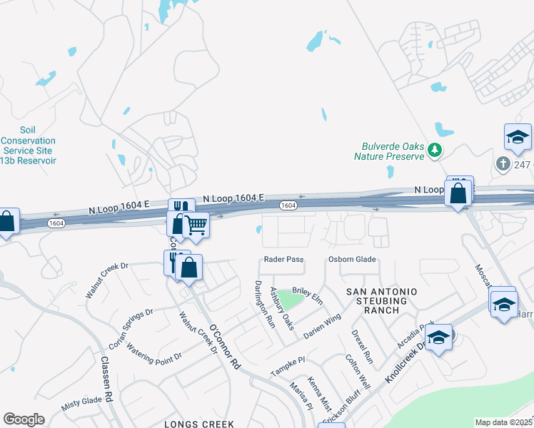 map of restaurants, bars, coffee shops, grocery stores, and more near 4438-4898 North Loop 1604 East in San Antonio