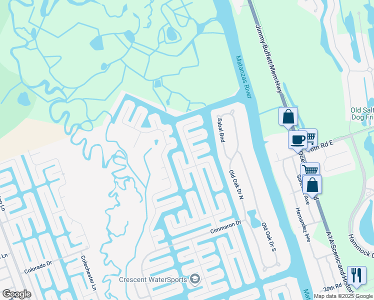 map of restaurants, bars, coffee shops, grocery stores, and more near 55 Comanche Court in Palm Coast