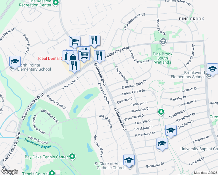 map of restaurants, bars, coffee shops, grocery stores, and more near 3726 Emerald Falls Drive in Houston