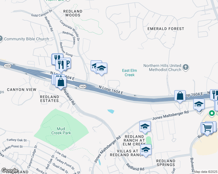 map of restaurants, bars, coffee shops, grocery stores, and more near 3203 North Loop 1604 East in San Antonio