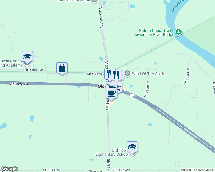 map of restaurants, bars, coffee shops, grocery stores, and more near 10 Northeast County Road 349 in Old Town