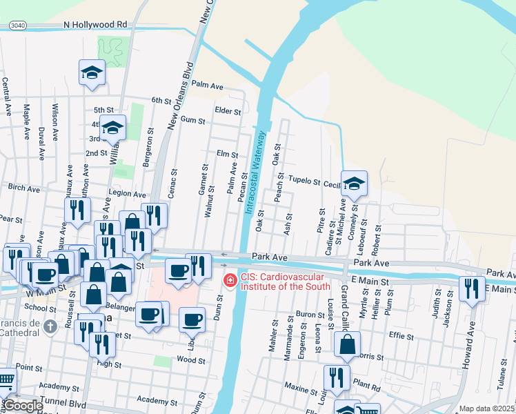 map of restaurants, bars, coffee shops, grocery stores, and more near Georgia St in Houma