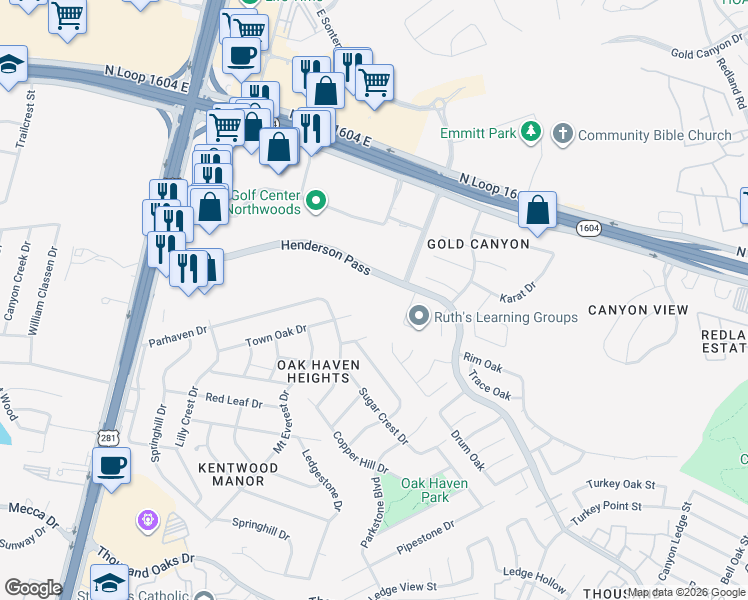 map of restaurants, bars, coffee shops, grocery stores, and more near 17635 Henderson Pass in San Antonio