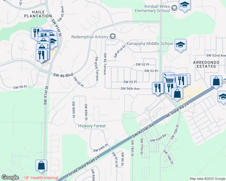 map of restaurants, bars, coffee shops, grocery stores, and more near 8117 Southwest 56th Avenue in Gainesville