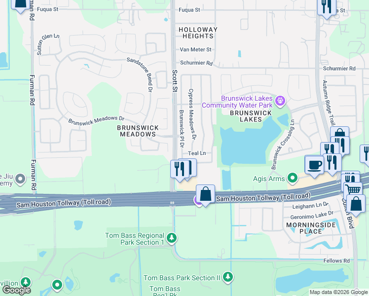 map of restaurants, bars, coffee shops, grocery stores, and more near 3514 Brunswick Meadows Drive in Houston