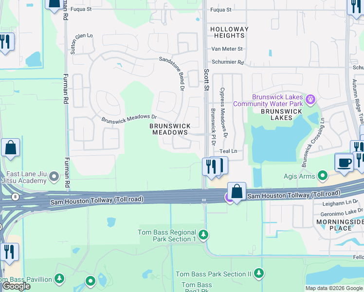 map of restaurants, bars, coffee shops, grocery stores, and more near 3319 Victorian Manor Lane in Houston