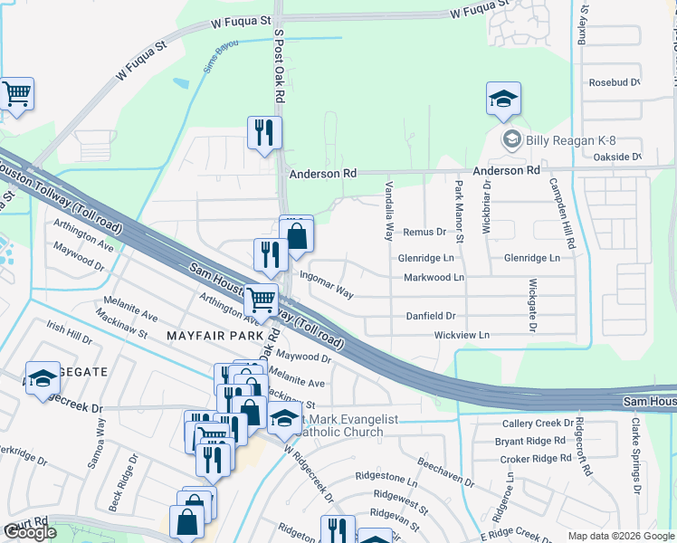 map of restaurants, bars, coffee shops, grocery stores, and more near 5402 Markwood Lane in Houston