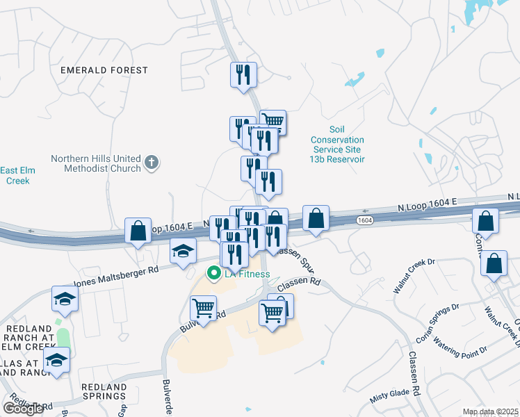 map of restaurants, bars, coffee shops, grocery stores, and more near 17702 Bulverde Road in San Antonio