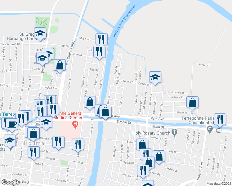 map of restaurants, bars, coffee shops, grocery stores, and more near Georgia St in Houma