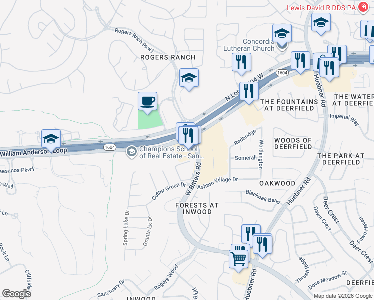 map of restaurants, bars, coffee shops, grocery stores, and more near 2602 North Loop 1604 West in San Antonio